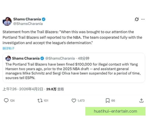 拓媒：开拓者10万美元罚款仅为象征性惩罚显露选杨瀚森意图